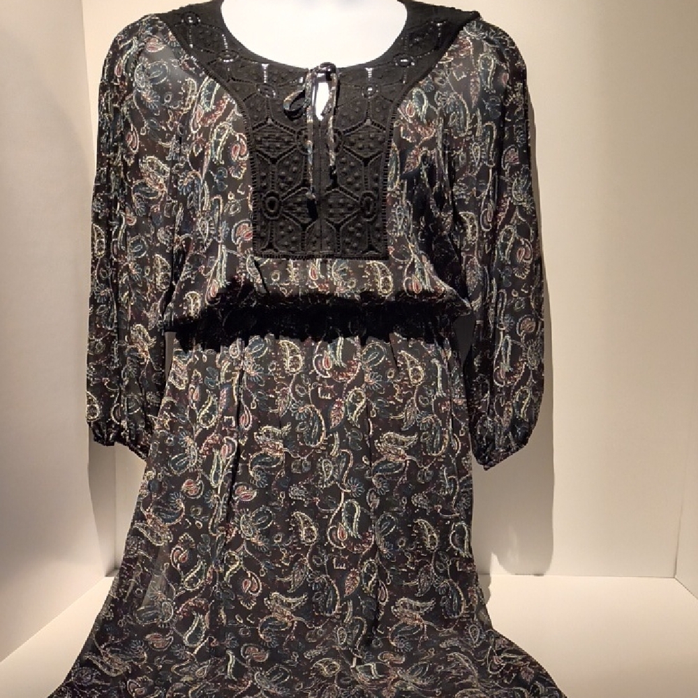 Ruff Hewn Maxi Dress Paisley Semi-Sheer Under Slip Large Black/Multi Color